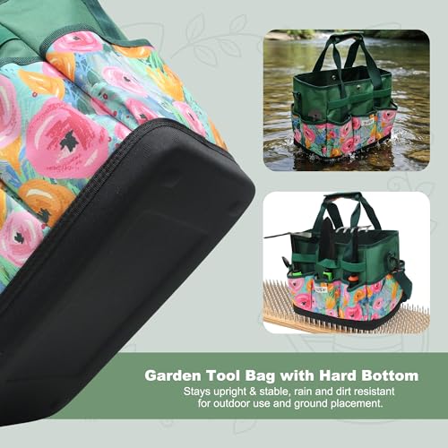 Hard Bottom Floral Garden Tool Tote Bag with Shoulder Strap - color: Green Floral