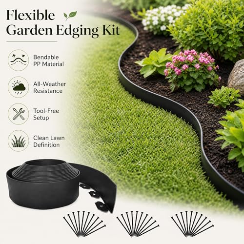 33FT Garden Edging Border, 2 Inch Flexible Landscape Edging with 30 Stakes, Tool-Free No-Dig Plastic Lawn Border for Flower Bed, Yard Patio Outdoor Landscaping