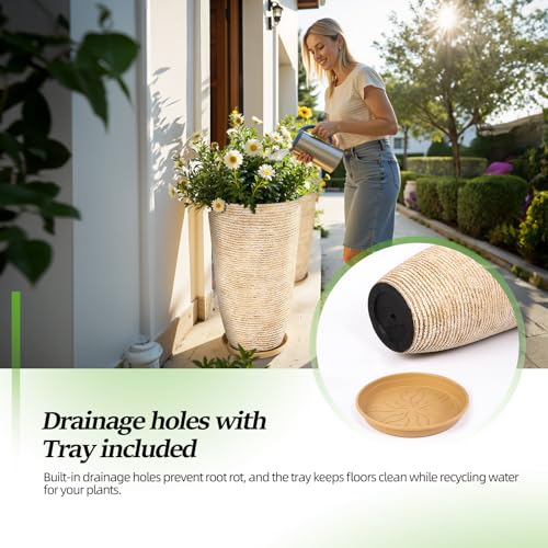 QCQHDU Set of 2 9 Gallon Tall Large planters for Outdoor/Indoor Plants of 12" Dia x 21" H Round Flower Pots Set Faux Stone Finish Front Door Patio Square Porch Planters with Tray, Beige - color: Beige