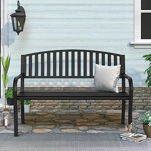 Outdoor Bench Garden Bench, Weatherproof Anti-Rust Heavy-Duty Outside Benches Clearance, Wrought Iron Metal Bench for Front Porch, Patio, Park - style: Rectangle
