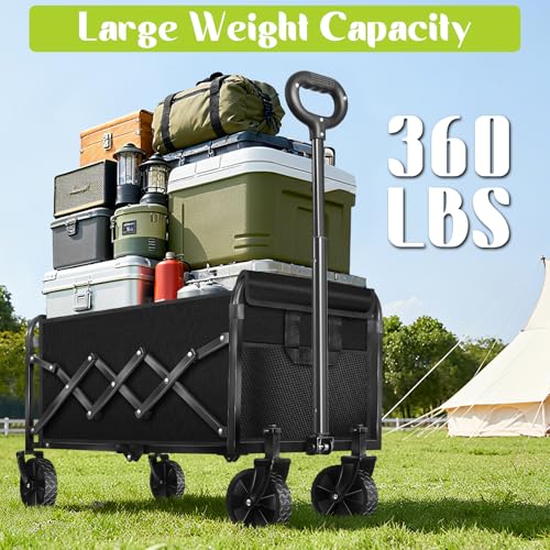 Wagons Carts Foldable, Collapsible Wagon with Wheels, Folding Wagons carts for Camp Sports Garden, Portable Utility Outdoor Wagon with 360lbs, Garden Cart for Groceries, Two Cup Holder, Black