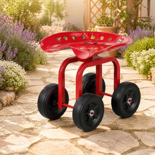 Garden Cart with Seat, Heavy-Duty Rolling Outdoor Wagon Scooter w/Height Adjustable & 360° Swivel Seat, Gardening Work Seat Stool, Patio Scooter on Wheels for Lawn Yard Planting(Red) - color: Red