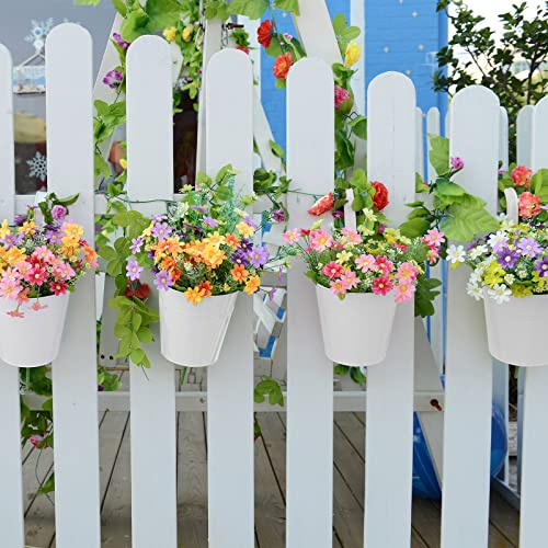 Tessco 4 Pcs 5.3"x10.8" Metal Iron Hanging Flower Pots and 4 Pcs 3.9" Balcony Bucket Planter for Railing Fence White Window Plant Holder Indoor Outdoor Garden Home Decoration with Detachable Hooks