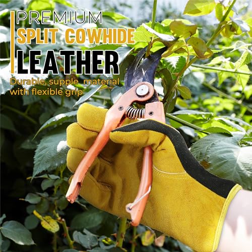 HANDLANDY Leather Gardening Gloves, Leather Work Gloves for Men Women - color: Yellow (1 Pair), size: Large