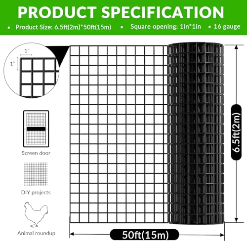 Welded Wire Fencing 6.5 Foot x 50 Foot,1 Inch x 1 Inch 16GA Black PVC Wire Fence,Vinyl Coating Metal Wire Mesh for Yard Vegetable Protection Goat & Poultry Netting - size: 6.5x50ft