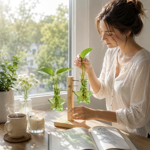 Nacome Plant Terrarium Propagation Stations: Greeen Vase with Wooden Stand - color: Green