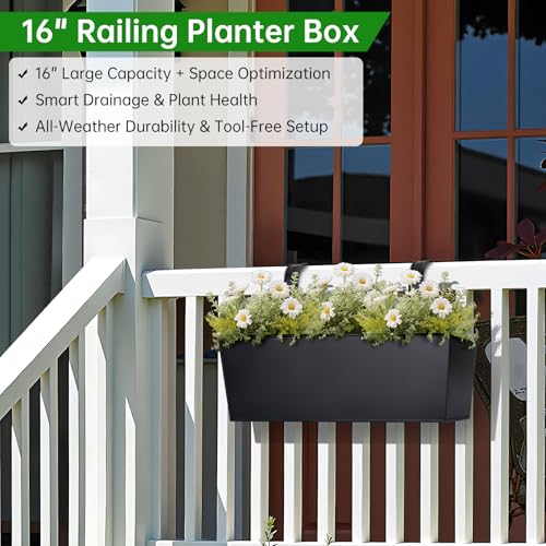 16“ Large Hanging Planters for Outdoor Plants, Railing Planter Box, 3 Pack