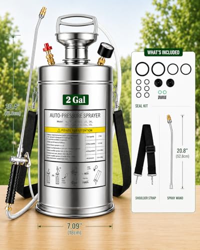 2Gal Stainless Steel Pump Up Sprayer Reinforced Hose, Hand Pump Sprayer with Pressure Gauge&Safety Valve, Adjustable Nozzle Suitable for Gardening (2 Gallon) - style: 2 Gal