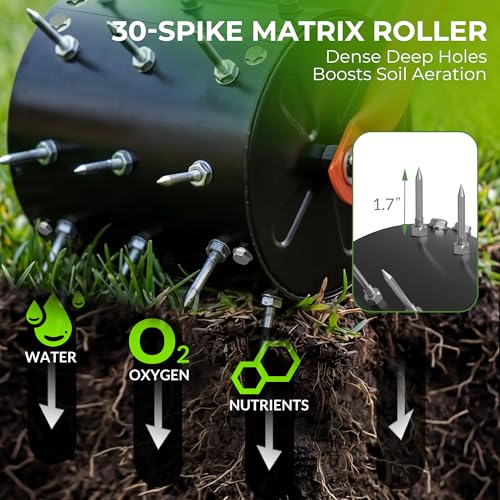 Walensee Rolling Lawn Aerator, Heavy Duty Manual Aerator Tool with 30 Spikes, Aerator Lawn Tool with Integrated Dual-Bar Handle, Soil Penetrator Push Lawn Aeration for Yard, Garden and Lawn