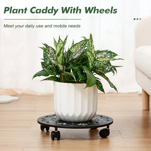 4 Pack Rolling Plant Caddy with Wheels 14 Inch, Plant Rollers with Wheels Metal Plant Caddy with Wheels Heavy Duty Plant Stand for Large Plants, Matte Black Rolling Planter Base, 4 Wheels for Planters - color: Black