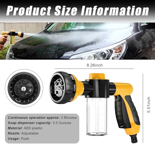 Wevdn Car Wash Nozzle, High Pressure 8 Adjustable Patterns Sprayer with Soap Dispenser, Universal Garden Hose Foam Nozzle for Car Washing and House Cleaning, Car Accessories (Yellow) - color: Yellow