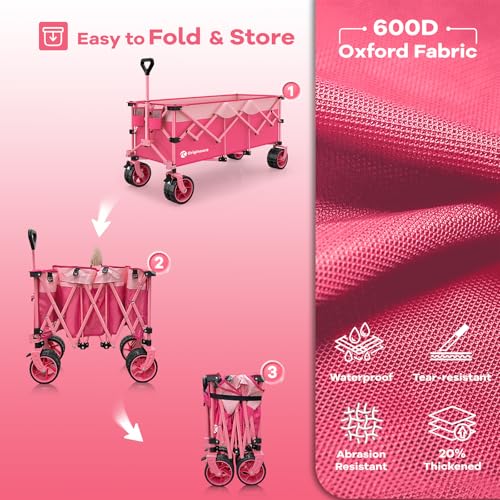 Originsure 300L Collapsible Beach Wagon Cart with Big Wheels, 560lbs, Pink - color: Pink