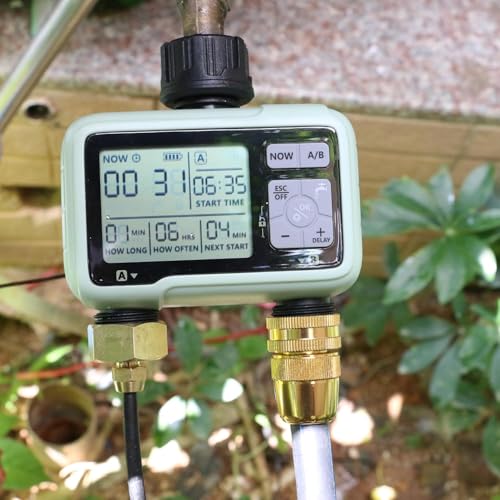 Programmable 2-Zone Hose Sprinkler, 2 Output Port Digital Garden Watering Device, Automatic Irrigation Controller with Rain Delay/Manual/Auto Mode, Outdoor Water Timer for Lawn and Yard