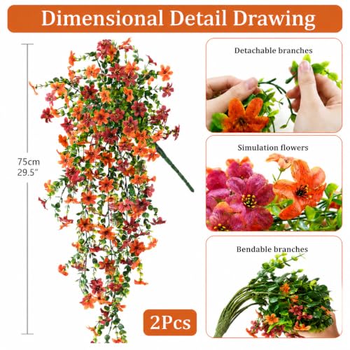 2 Pcs Fall Mums Artificial Flowers Outdoor, 29.5 Inch Fake Hanging Flowers
