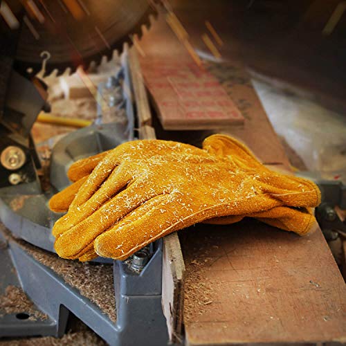 OZERO Leather Work Gloves, Gardening Gloves, Cowhide, Mesh Lining, 1Pair, L - color: Gold With Mesh Linning (1 Pair), size: Large