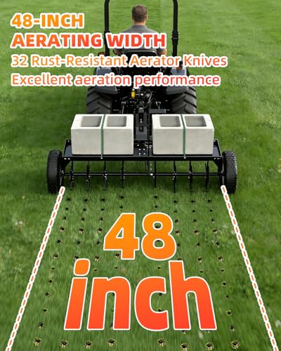 48" Tow Behind Aerator, Pull Behind Lawn Aerator Tool with Universal Hich, 32 Rust-Proof Knives & Heavy-Duty Tires, Plug Aerator for Yard & Garden Compacted Soil, Fits Lawn Tractors, ATV, UTV, Black - color: Black, size: 48IN