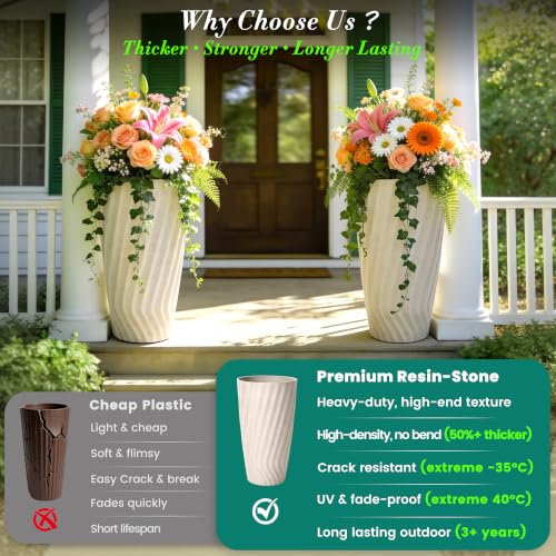 24" Resin Tall Outdoor Planters, Vintage Ivory Wavy Flower Pots - color: 24" H-vintage Ivory Marble Texture