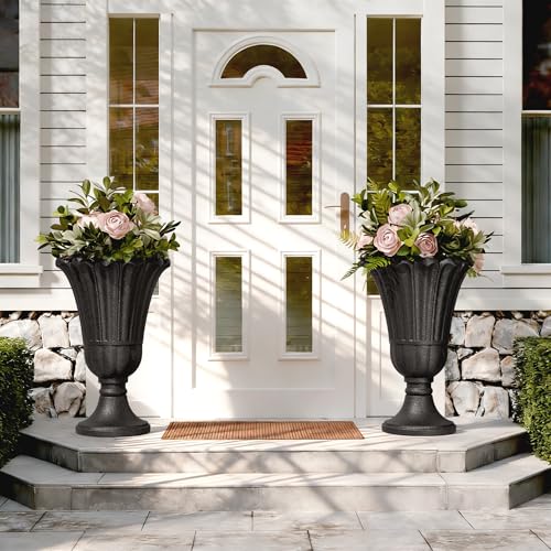 24" Tall Urn Planters for Outdoor Plants, Urns and Pedestal, Black - color: Black-sandblasting