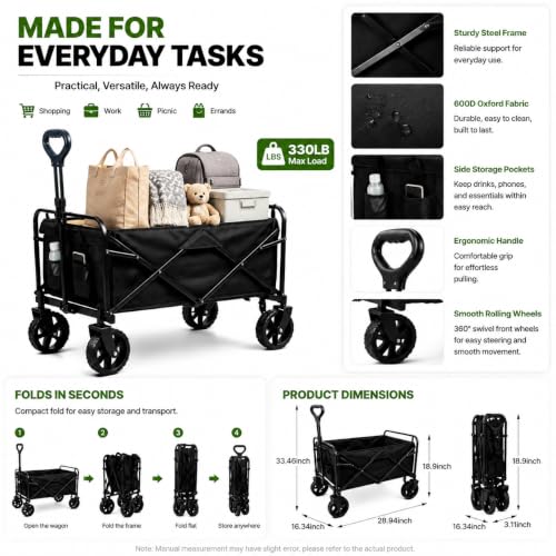 Compact Folding Wagon Cart, Collapsible Utility Wagon with Side Pockets