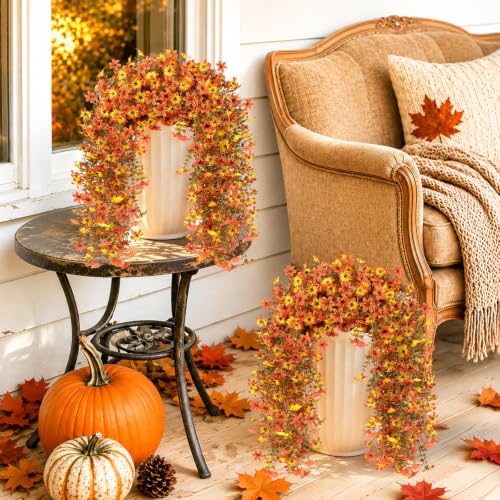 6 Pcs Artificial Hanging Mums for Outdoors, UV Resistant Fake Fall Flowers - color: Yellow Orange