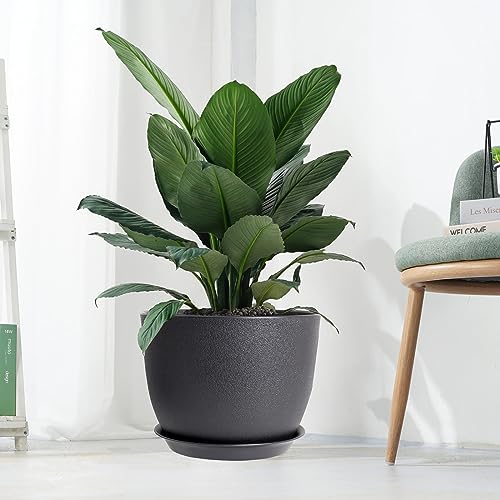 UOUZ 12inch Large Plant Pot, Modern Plastic Planter with High Driange Holes and Saucer for Indoor Outdoor Garden Plants and Flowers, Black - color: Black