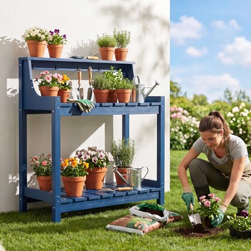 Domi 3-Tier Potting Benches for Outside, HDPE Outdoor Potting Table, Blue - color: Blue