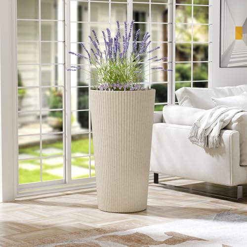 24" Tall Round Planters for Outdoor Plants Fluted Finishes - Beige - color: Beige