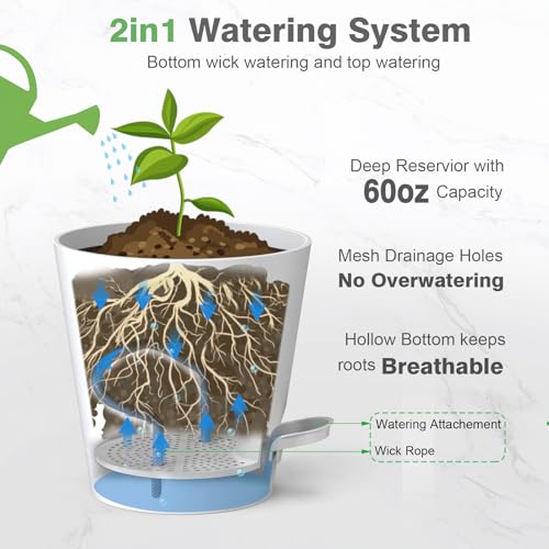SwinDuck 12inch Large Self Watering Plant Pot, Plastic Cylinder Planter with 60Oz Deep Reservoir and Saucer for Indoor Outdoor Plants Flowers Houseplants, White with Brown - color: White With Brown