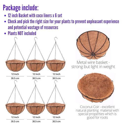 LaLaGreen Hanging Baskets (12 in, 6 Pack) Black Outdoor Coco Liner Planters - size: 12" x 6 Pack