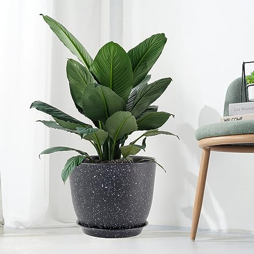 UOUZ 12inch Large Plant Pot, Modern Plastic Planter with High Driange Holes and Saucer for Indoor Outdoor Garden Plants and Flowers, Black Speckles - color: Black Speckles