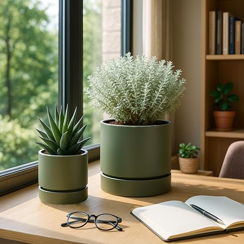 Phoenix Vine 4 Inch Planter Pot with Drainage Hole & Saucer, Deep Water Catch Tray, Straight Cylindrical Round Pot for Plants, Olive, Pack of 2, 23-D-R-2 - color: Olive, size: 4" (2 Pack)