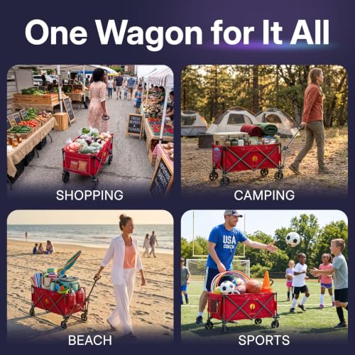 39" L Collapsible Wagon with All-Terrain Wheels, 460 lbs Foldable Cart with Detachable Flashlight, Pockets & Flexible Steering Handle, Red Utility Heavy Duty Folding Beach Wagons Carts - color: Red
