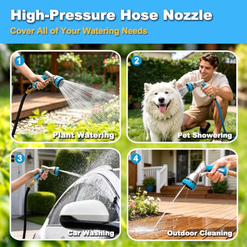 FANHAO Metal Garden Hose Nozzle Heavy Duty, 8 Spray Patterns, High Pressure - color: Blue