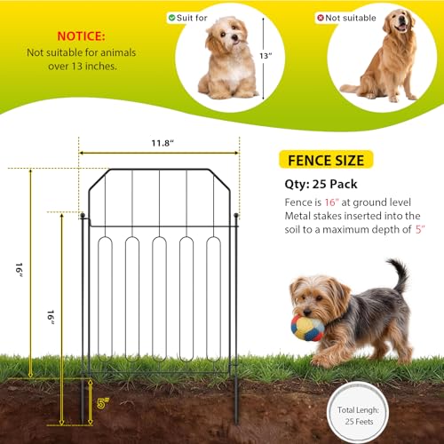 VANCASTLE Decorative Garden Fence, Toatal 25FT(L) x 21IN(H) Outdoor Metal No Dig Fence Animal Barrier, Rustproof No-Tool Assembly Landscape Edging for Yard, Lawn, Patio, Flower Bed-25 Panels Design I - style: Design I-25P