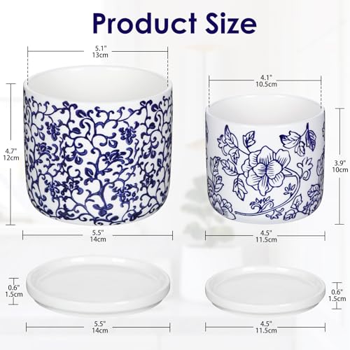 Set of 2 Blue and White Ceramic Plant Pots with Drainage Hole and Saucers, Retro Blue Porcelain Flowers Round Planters for Succulent Cactus Indoor Outdoor Garden Home Desktop Decor, 4.5+5.5 Inch - color: Style 2