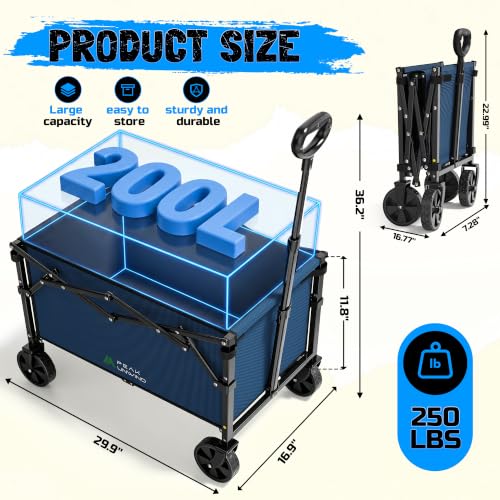 220 lbs Foldable Wagon Cart with Wheels, Heavy Duty Collapsible Utility Wagon, Lightweight Portable Cart for Grocery Shopping, Garden, Camping and Sports - color: Blue