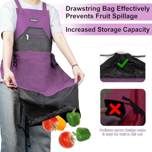 Garden Apron,Harvest Aprons with Drawstring Bag and Pockets for Women and Men,Canvas Fruit Picking Apron - color: Purple