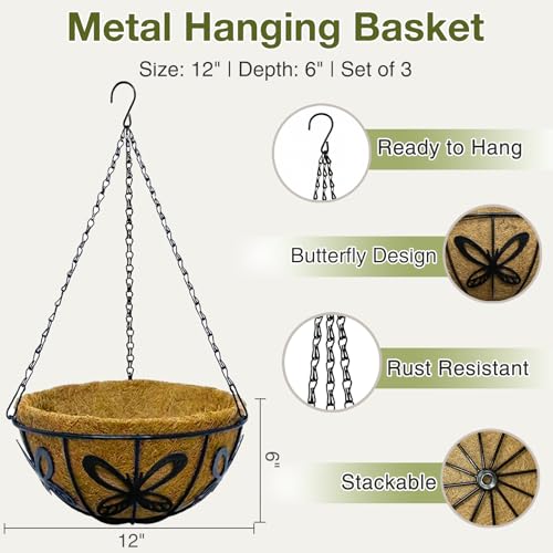 12 Inch Hanging Baskets for Plants Outdoor, 3 Pack Metal Wire Hanging Planters with Coco Coir Liners, Rust-Resistant Flower Basket with Chains & Hooks for Garden Patio Porch Deck Balcony - size: 12IN-3PCS, style: Butterfly