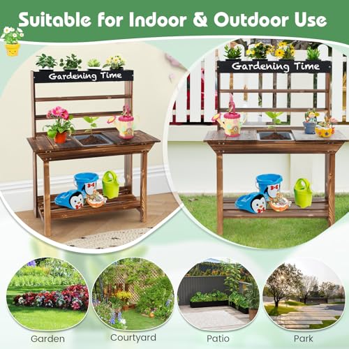 GLACER Potting Bench for Kids, Outdoor Wood Kids Garden Table with Removable Sink, Open Shelves, 4 Pots, Toy Gardening Center Playset, Kids Potting Table Mud Kitchen, Gift for Boys Girls Aged 3+