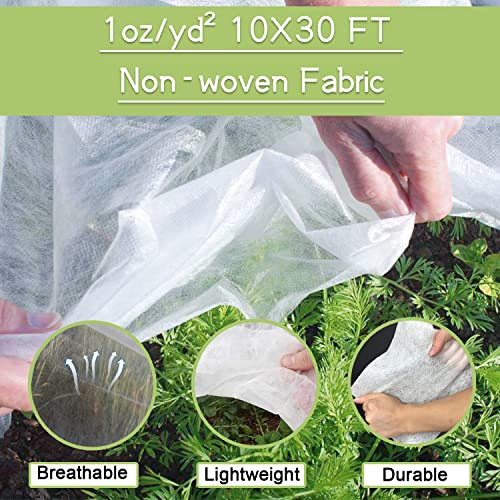 Plant Covers Freeze Protection Kit, 10 x 30Ft Frost Cloth and 6Pcs Fiberglass Garden Hoops 1oz/yd² Floating Row Cover with Greenhouse Hoops Frost Blanket for Winter Garden Covers for Raised Beds - size: 10x30ft with hoops