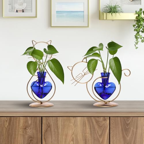 Plant Terrarium Propagation Station Gifts for Women Cat Lover - color: Gold Blue