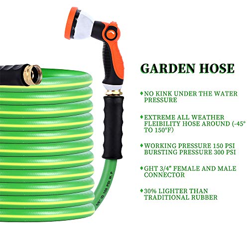 HQMPC Garden Hose Garden Water Hose 50 ft Non Kinking Heavy Water Hose with Brass Hose Fittings (5/8"IDx50'(50 FEET) With 1 Pcs 10 Patterns Hose Nozzle Spray Nozzle - size: 50 Feet