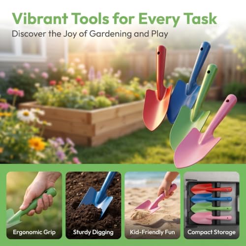 4 Pcs Small Garden Shovel Set, Colorful Metal Hand Trowel Dirt Spade, Mini Iron Digging Planting Tools for Kids Toddler Sandbox Beach Plant
