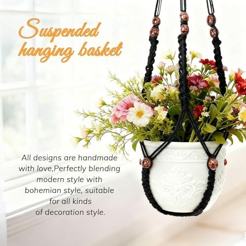 35 Inch Macrame Plant Hanger, Large for up to 15 Inch Pot Extra Long Hanging Planter Holder Basket with Wood Beads for Indoor Outdoor Home Decor (Black, 2-Pack) - color: Black, size: 2-Pack