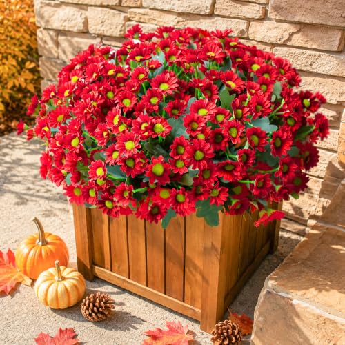 Daisy Artificial Flowers for Outdoors Autumn Fall Decoration, 6 Bundles Fake Mums Red Silk Flowers for Outside Look Real UV Resistant Fake Plants Faux Flowers for Planter Front Door Home Indoor Porch - color: Red