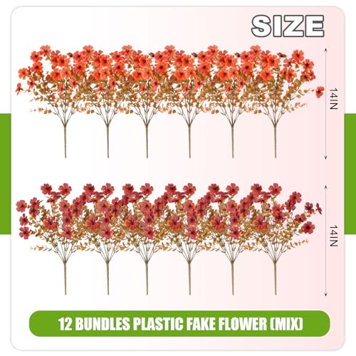 ADXORA 12 Bundles Fake Artificial Mums Fall Flowers for Outdoor Decoration - color: A1-orange, Autumn Red