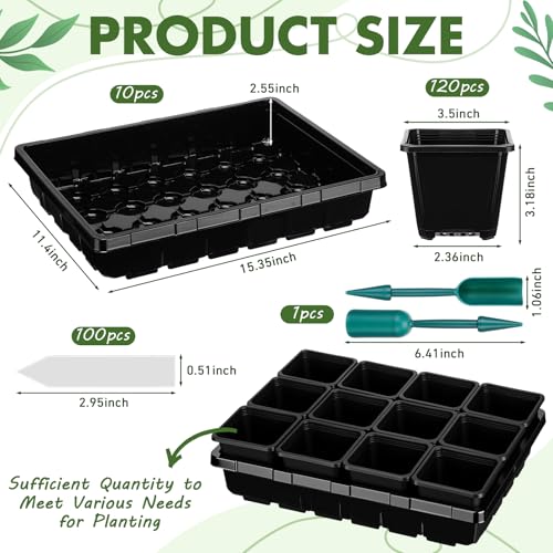 Nuenen Seed Starter Tray 10 Pcs, 3.5 Inch Square Nursery Pots 120 Pcs, Seed Starting Pot with Drainage, Seedling Trays, Microgreenings Plant Propagation Germination Tray, 10 Set