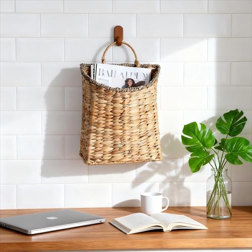 Woven Hanging Wall Basket, Rattan Wall Basket Planter, Front Door Hanger Basket Wreath for Plants,Outdoor Wicker Baskets for Wall,Door Baskets for Flowers Front Door Decor,8.6" D x 5.1" W x 11.6" H - color: Natural