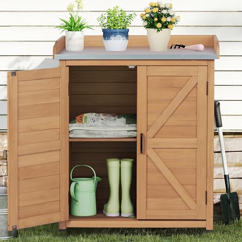 Outdoor Storage Cabinet & Potting Bench Table with Metal Top, Wooden Patio Furniture, Garden Workstation (Light Brwon, 39x31.5x17in) - color: Light Brwon, size: 39x31.5x17in