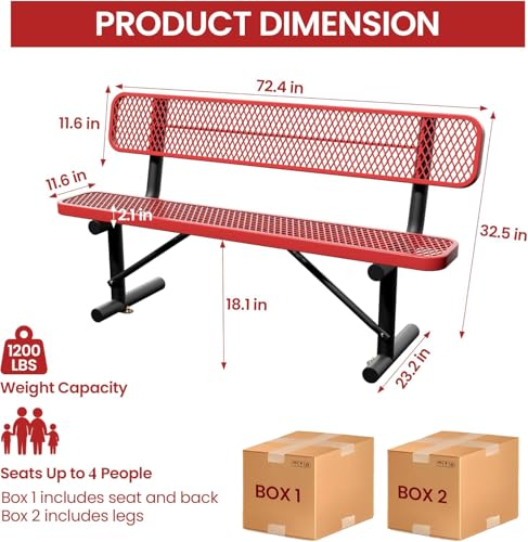 6 Feet Steel Park Bench for Outside, Outdoor Bench with Backrest & Portable Frame, Commercial Benches for Shopping Malls, Stores, Parks, Patios, Decks, Red - color: Red, size: 6 FT